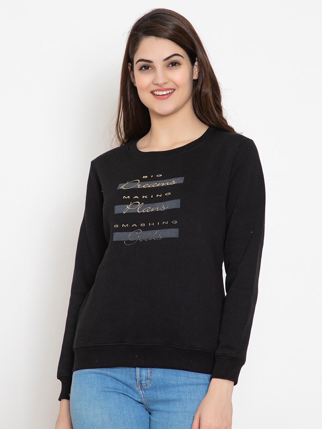 

FLOSBERRY Women Black Printed Fleece Sweatshirt