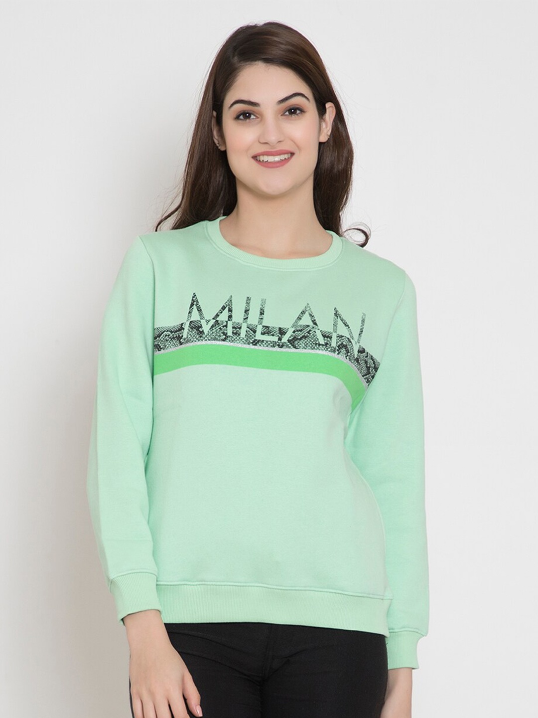 

FLOSBERRY Women Sea Green Printed Fleece Sweatshirt