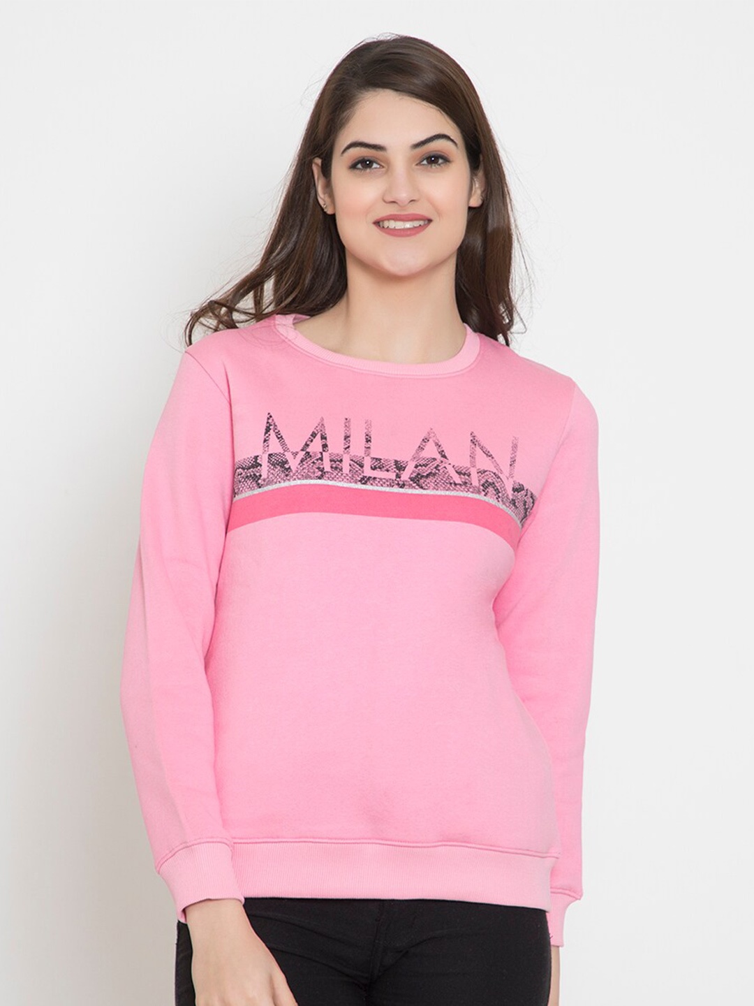 

FLOSBERRY Women Pink Printed Fleece Sweatshirt