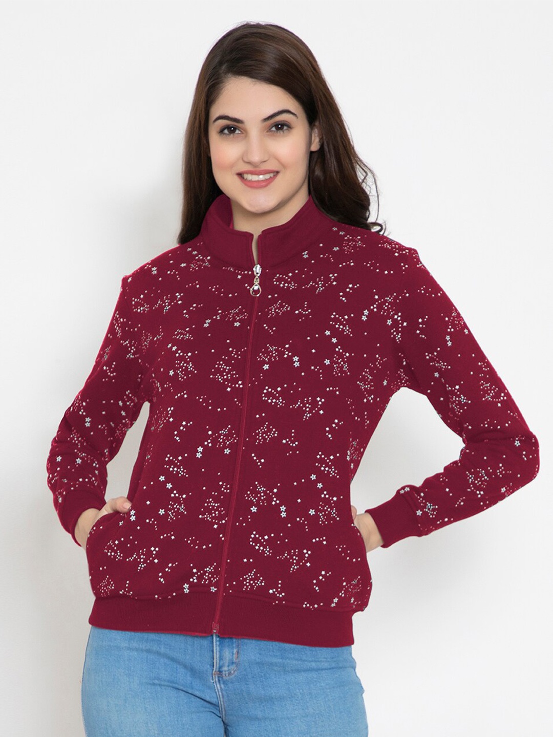 

FLOSBERRY Women Maroon Printed Fleece Sweatshirt