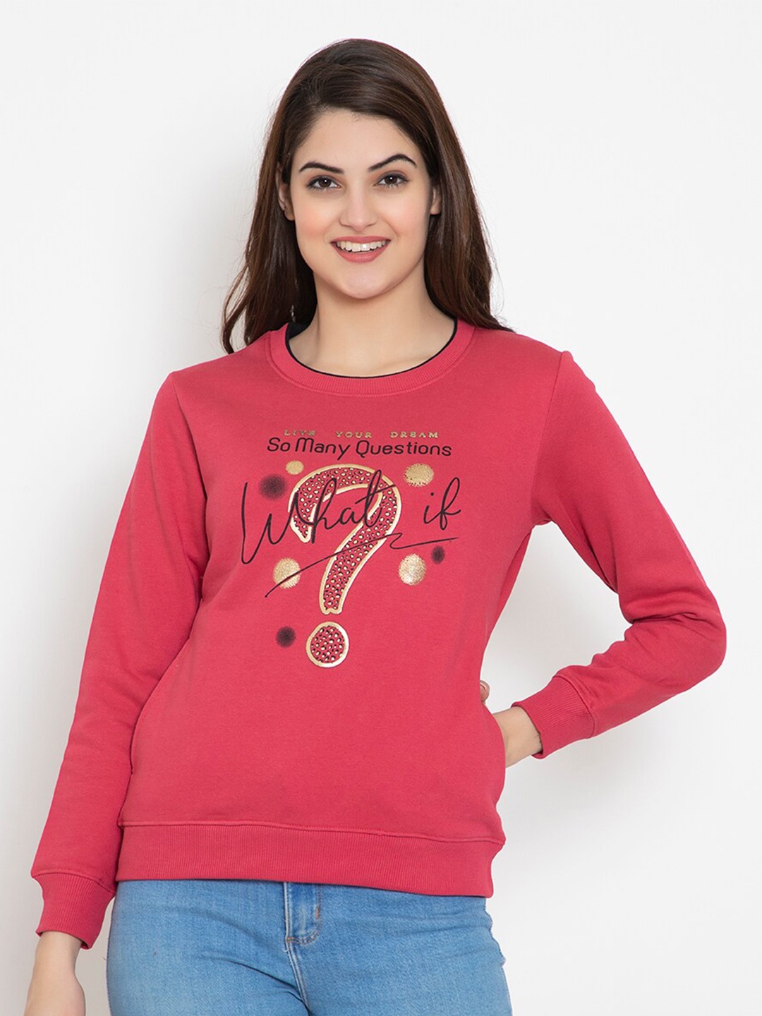 

FLOSBERRY Women Red Printed Fleece Sweatshirt