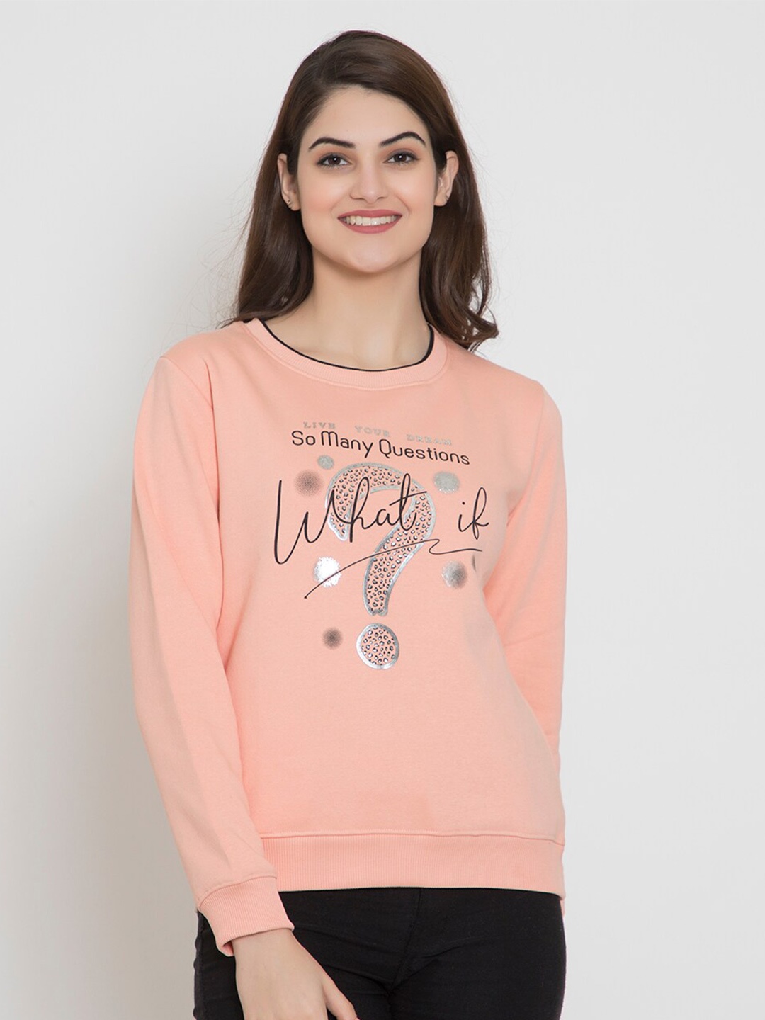 

FLOSBERRY Women Orange Printed Fleece Sweatshirt