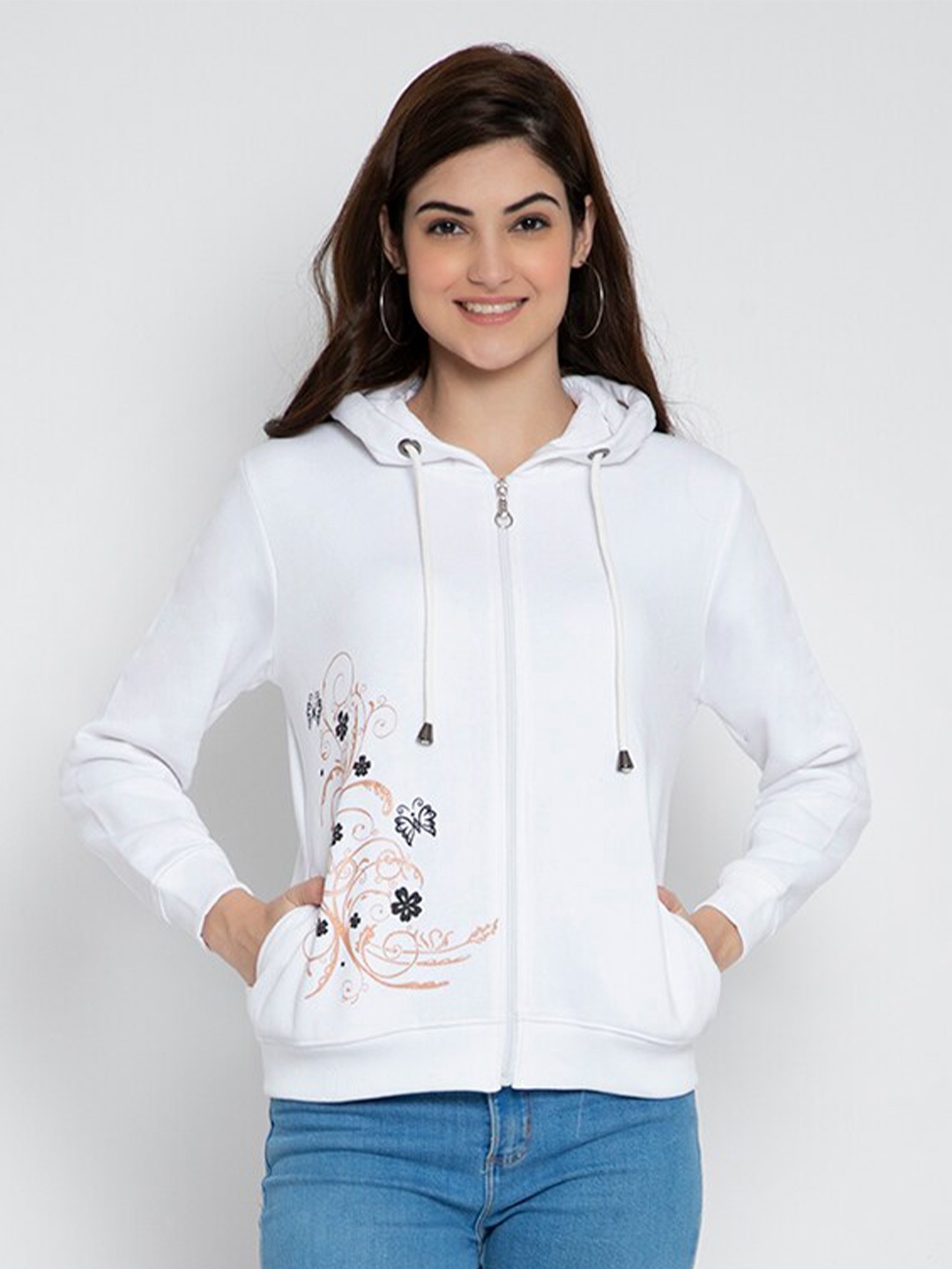 

FLOSBERRY Women White Printed Fleece Hooded Sweatshirt