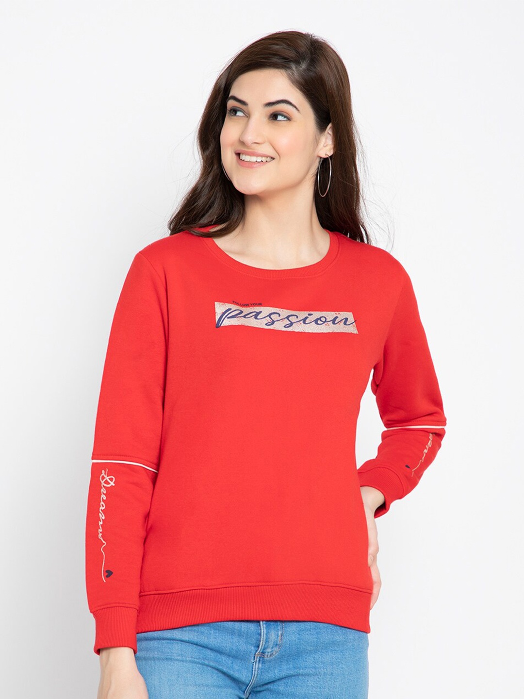

FLOSBERRY Women Red Printed Fleece Sweatshirt
