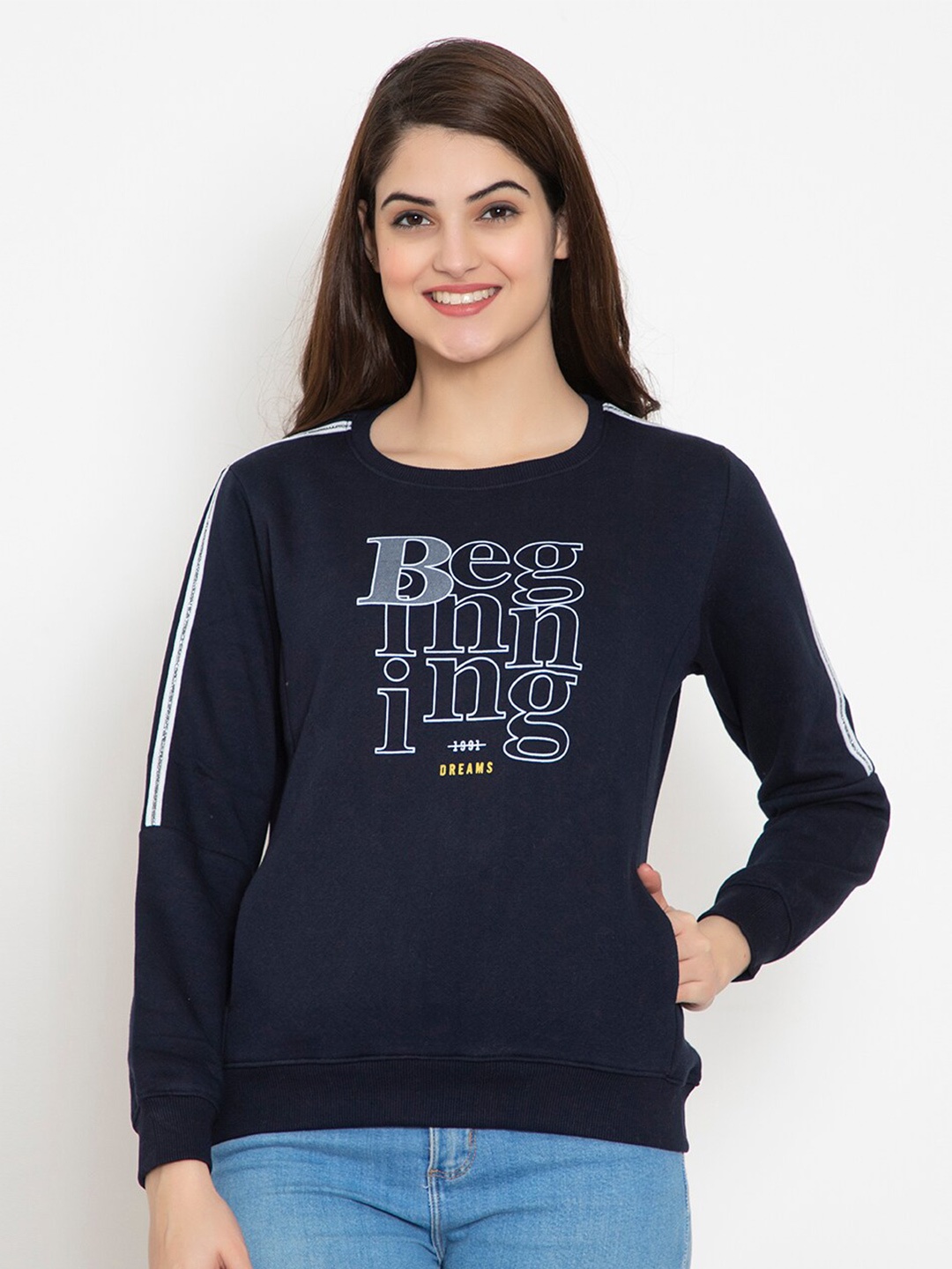 

FLOSBERRY Women Navy Blue Printed Fleece Sweatshirt