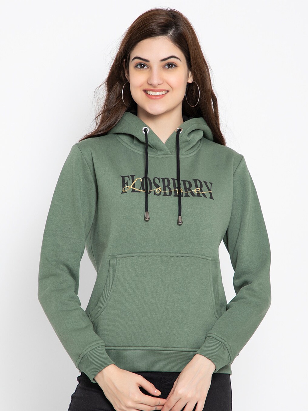 

FLOSBERRY Women Olive Green Printed Fleece Hooded Sweatshirt