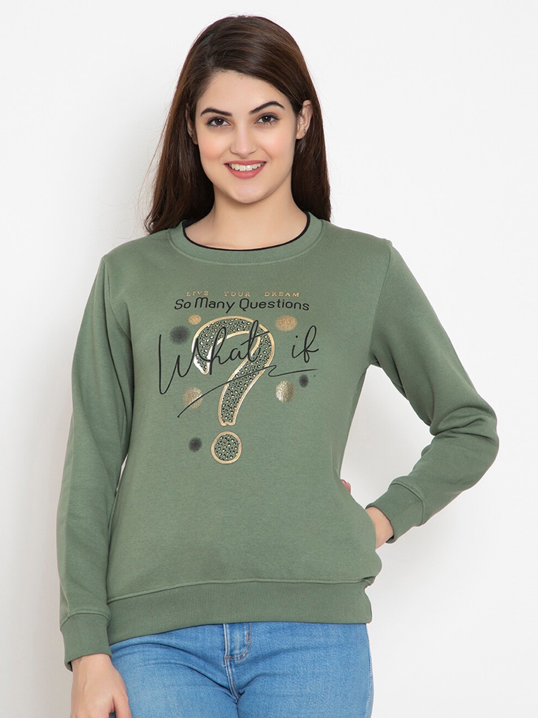 

FLOSBERRY Women Olive Green Printed Fleece Sweatshirt