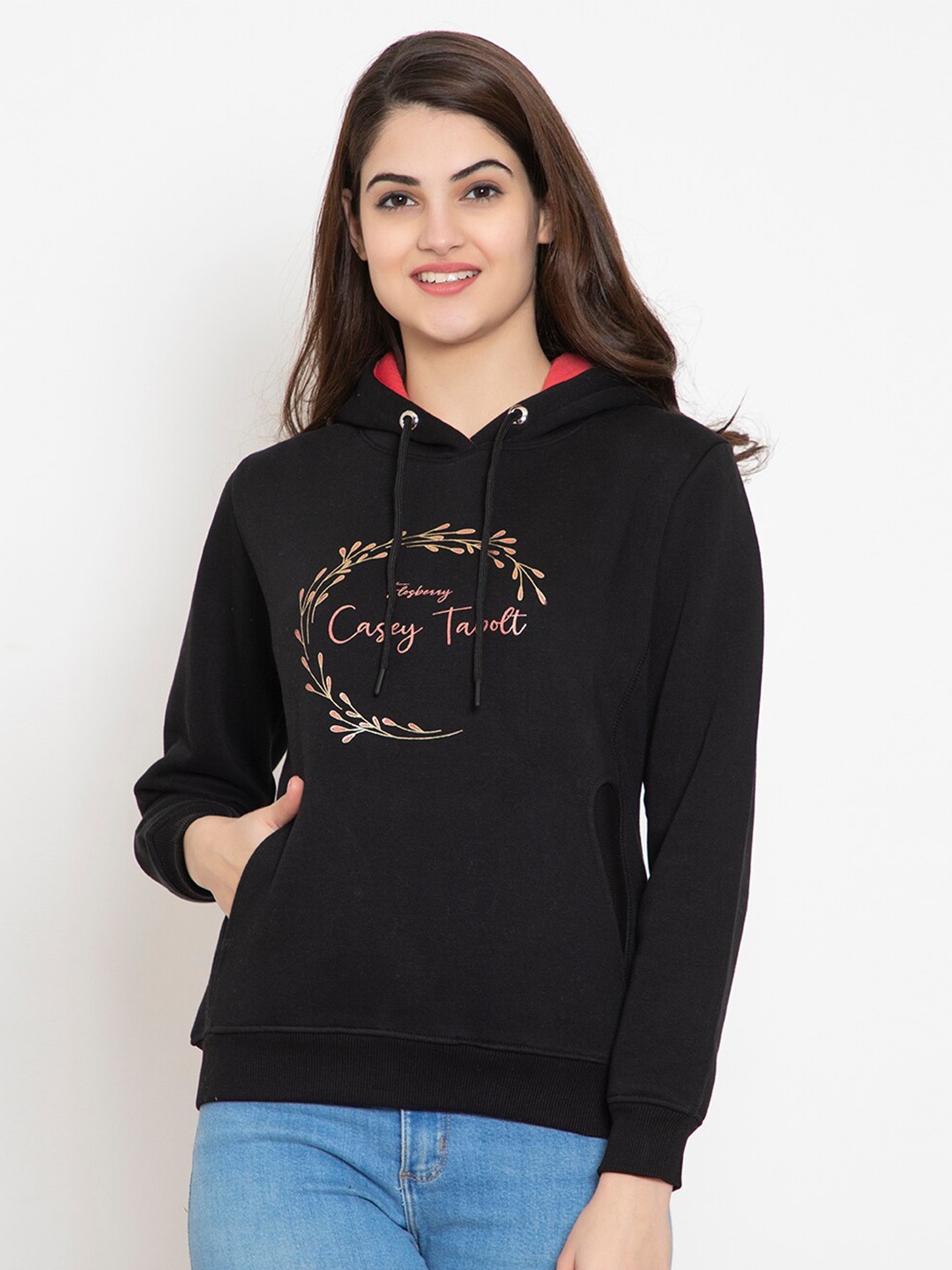 

FLOSBERRY Women Black Printed Fleece Hooded Sweatshirt