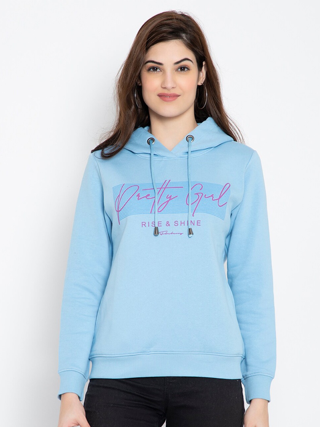 

FLOSBERRY Women Blue Printed Fleece Hooded Sweatshirt