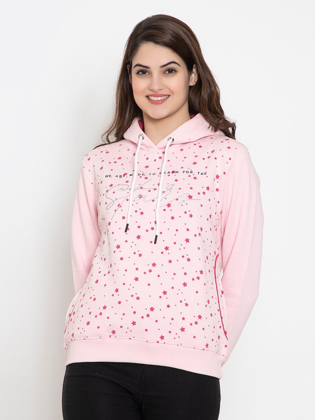 

FLOSBERRY Women Pink Printed Fleece Hooded Sweatshirt