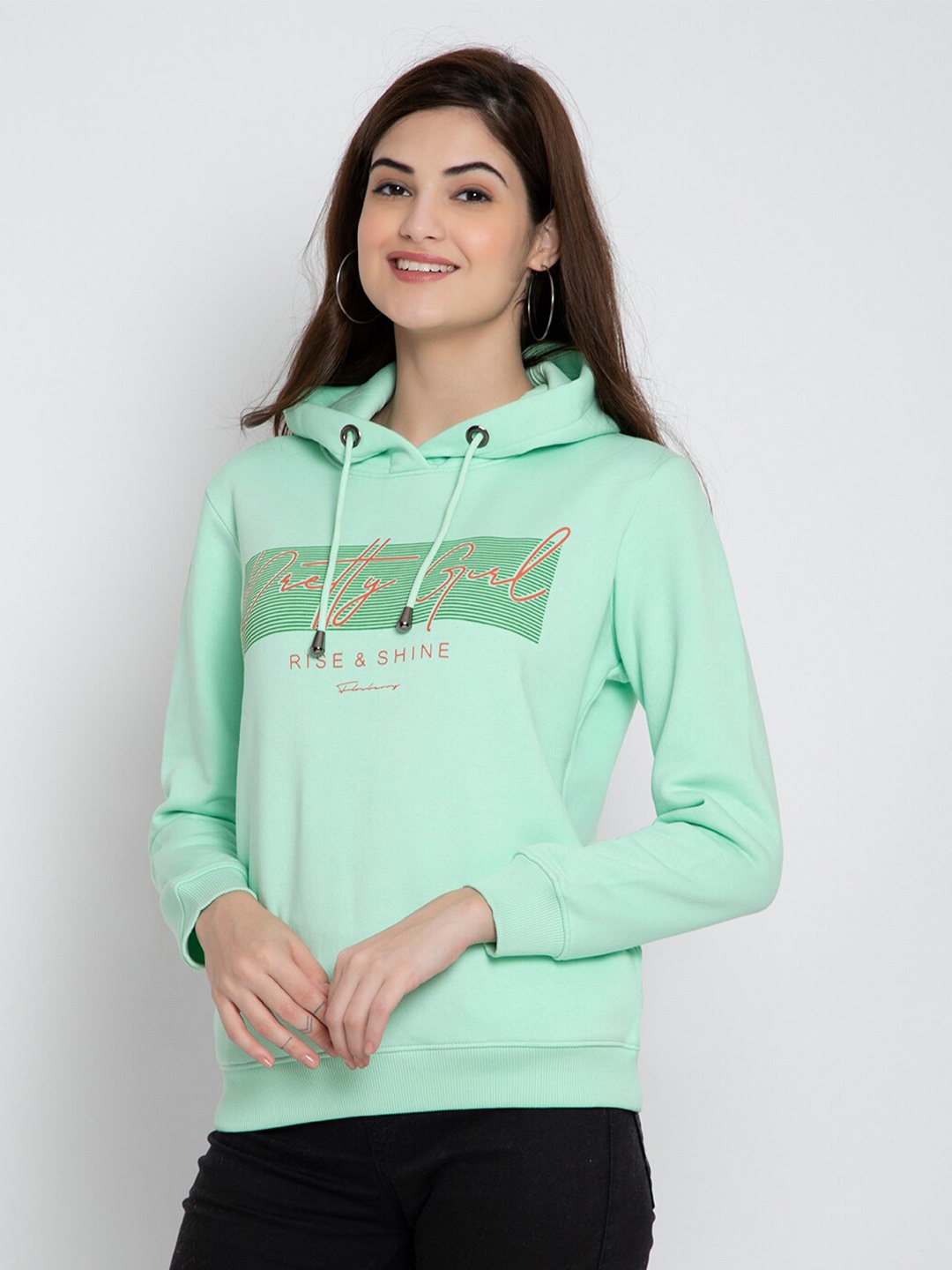 

FLOSBERRY Women Sea Green Printed Fleece Hooded Sweatshirt
