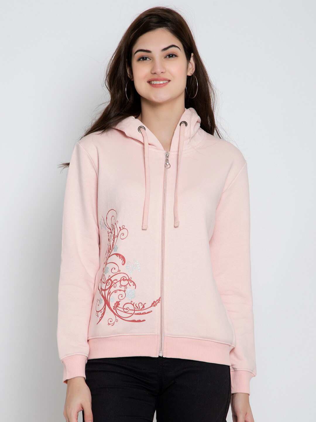 

FLOSBERRY Women Peach-Coloured Printed Fleece Hooded Sweatshirt