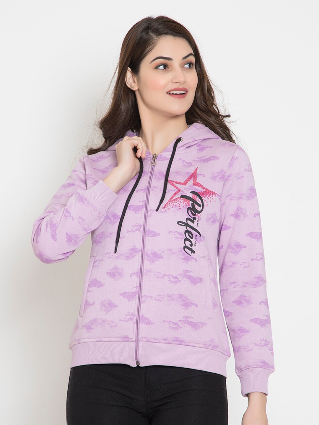 

FLOSBERRY Women Lavender Printed Fleece Hooded Sweatshirt