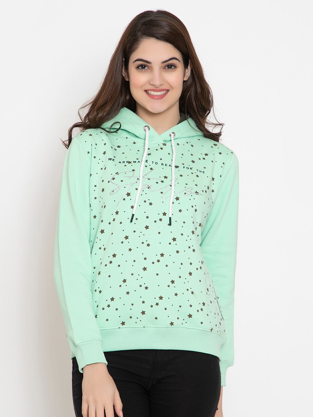 

FLOSBERRY Women Sea Green Printed Fleece Hooded Sweatshirt