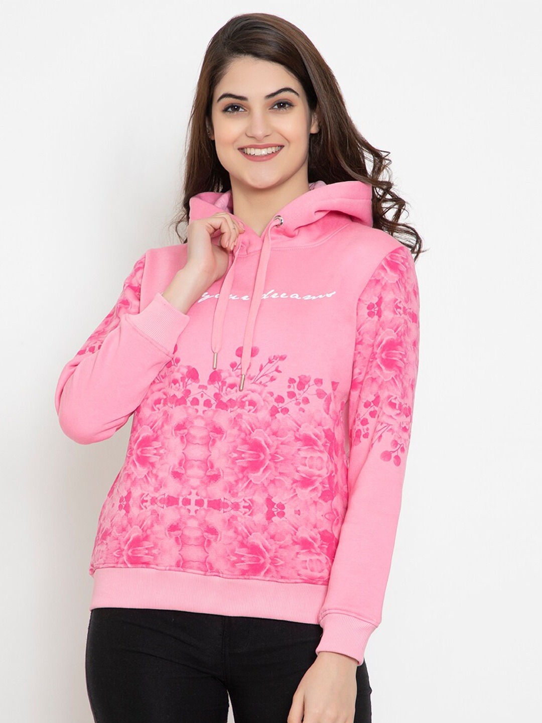 

FLOSBERRY Women Pink Printed Fleece Hooded Sweatshirt