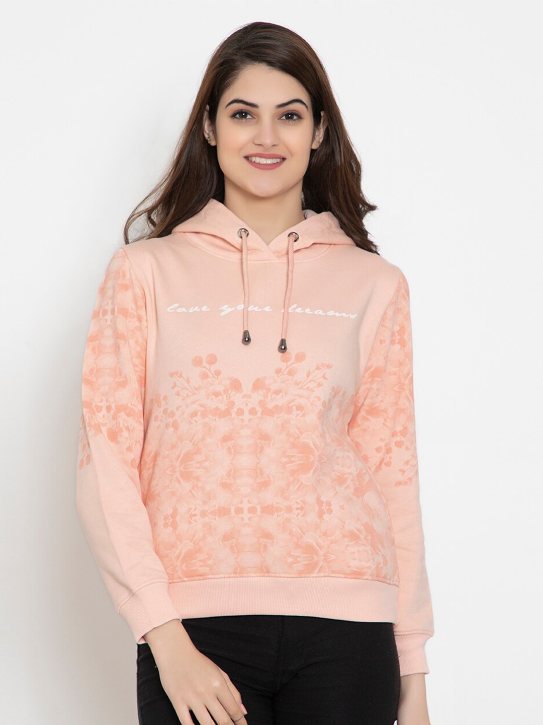 

FLOSBERRY Women Orange Printed Fleece Hooded Sweatshirt