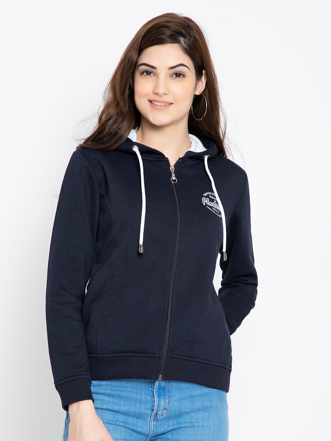 

FLOSBERRY Women Navy Blue Fleece Hooded Sweatshirt