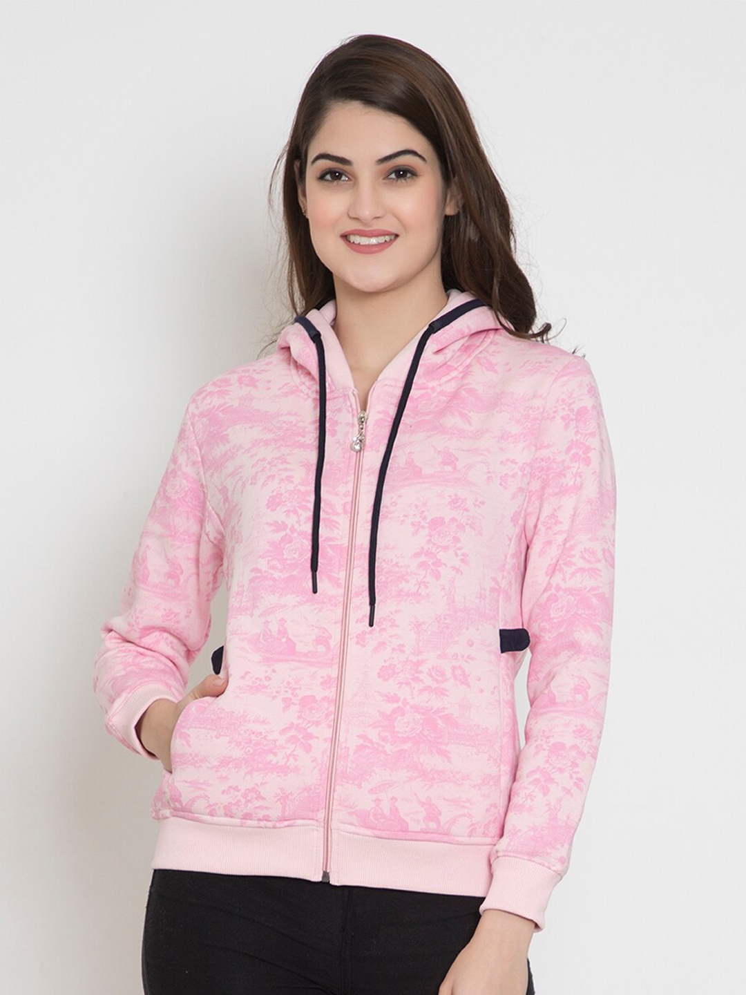 

FLOSBERRY Women Pink Printed Fleece Hooded Sweatshirt