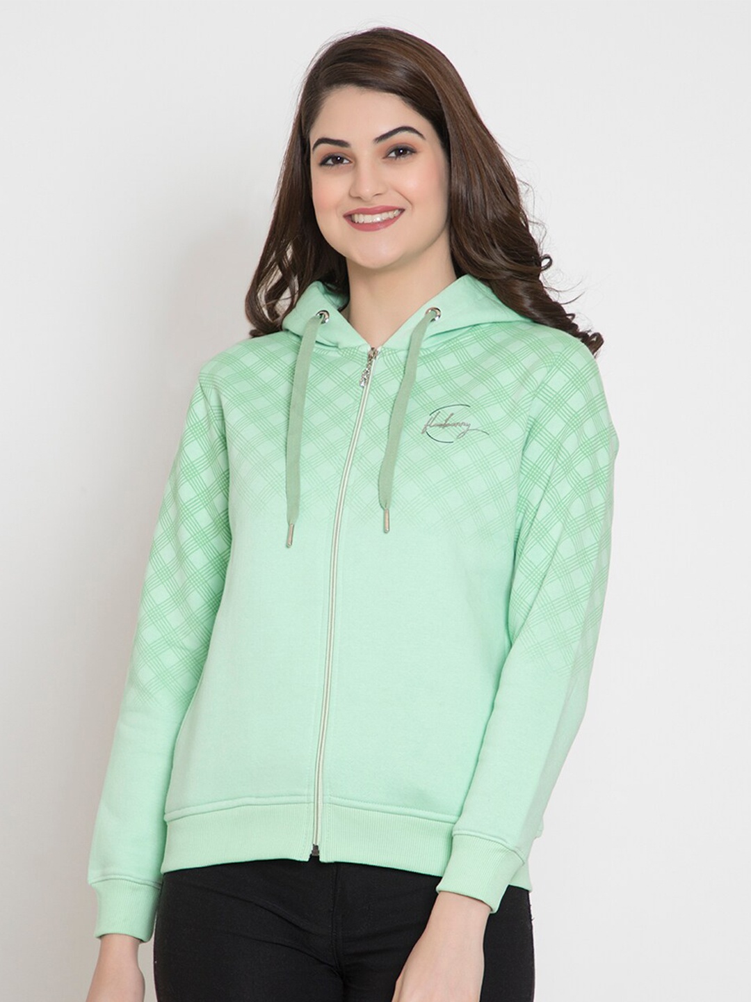 

FLOSBERRY Women Sea Green Printed Fleece Hooded Sweatshirt