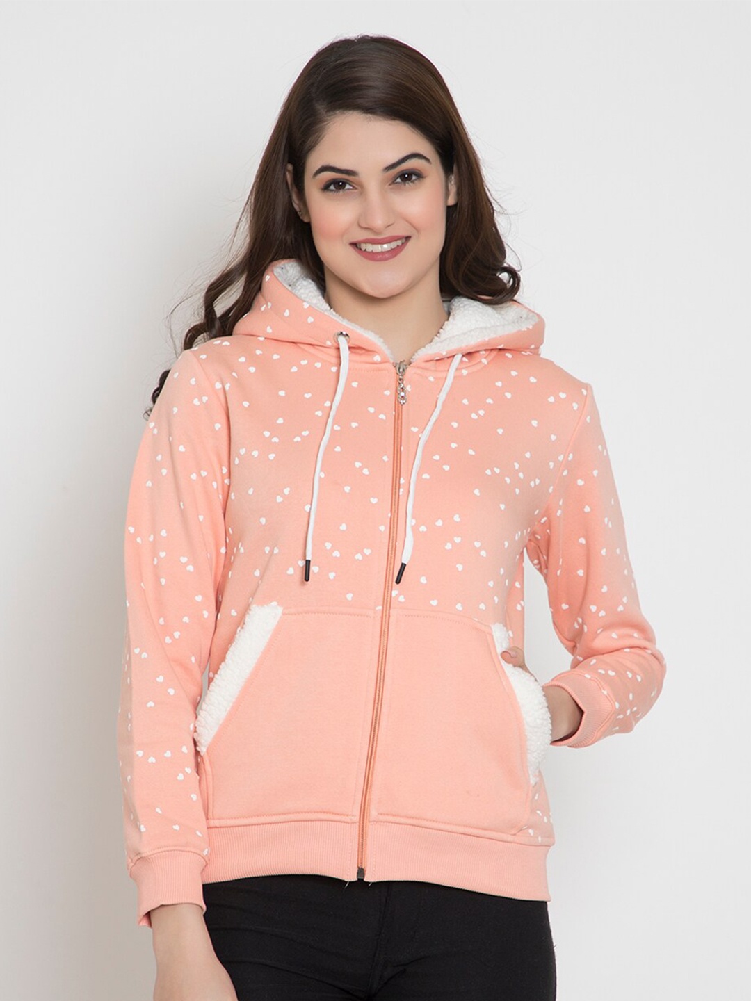 

FLOSBERRY Women Orange Printed Fleece Hooded Sweatshirt