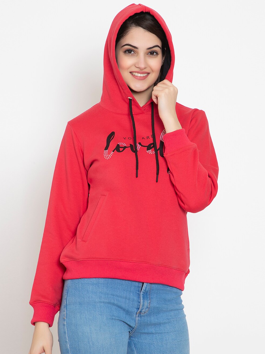 

FLOSBERRY Women Red Fleece Hooded Sweatshirt