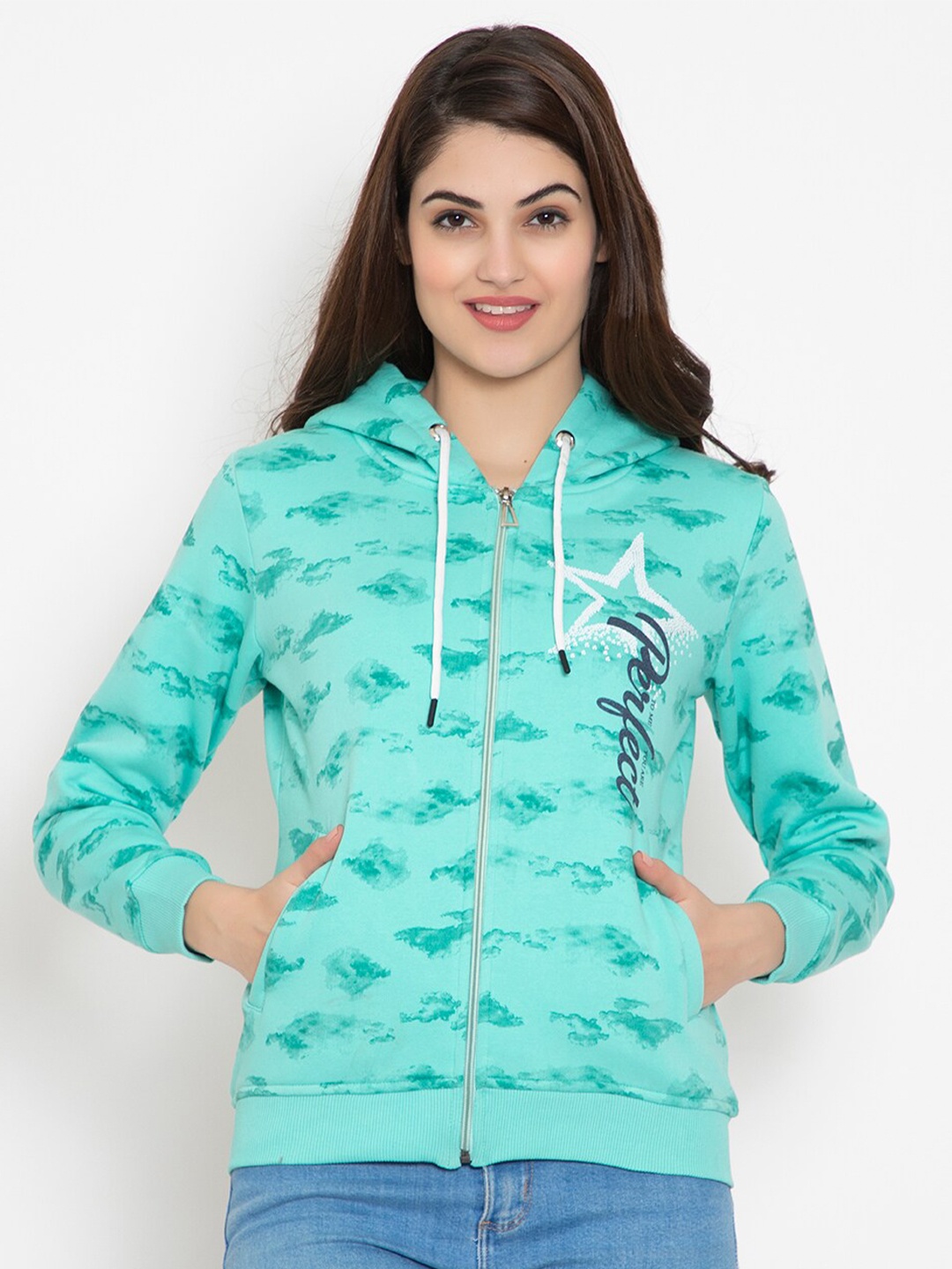 

FLOSBERRY Women Sea Green Fleece Hooded Sweatshirt