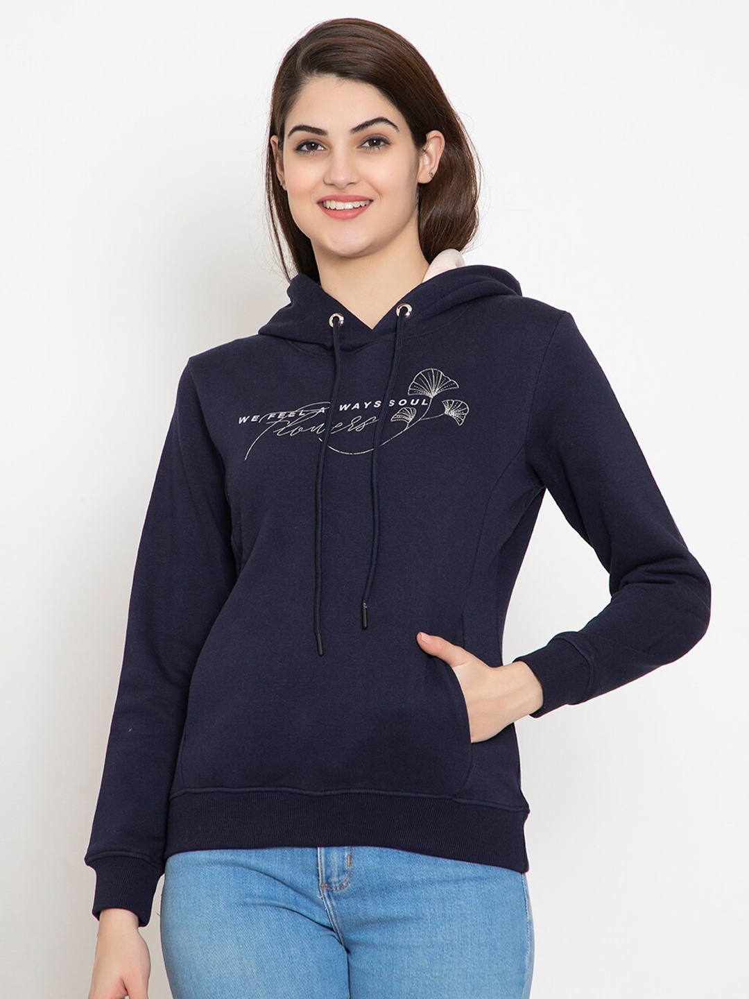 

FLOSBERRY Women Navy Blue Printed Fleece Hooded Sweatshirt