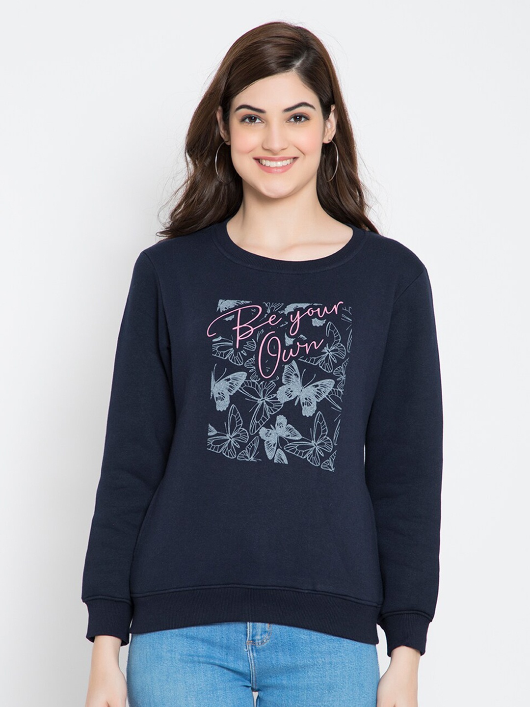 

FLOSBERRY Women Navy Blue Printed Fleece Sweatshirt
