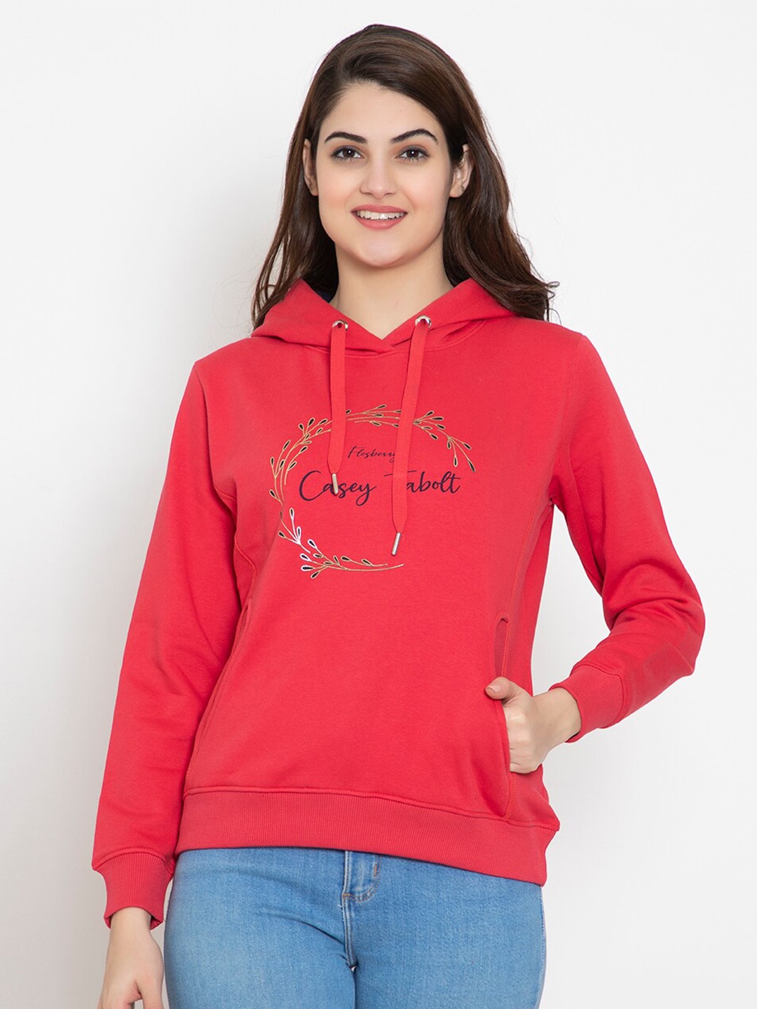 

FLOSBERRY Women Red Printed Fleece Hooded Sweatshirt