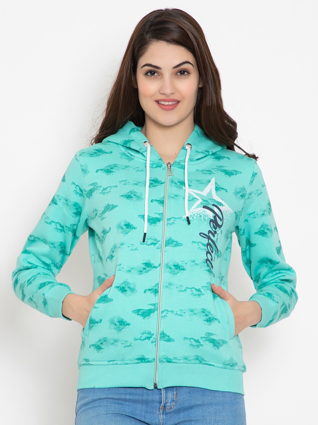 

FLOSBERRY Women Blue Printed Fleece Hooded Sweatshirt