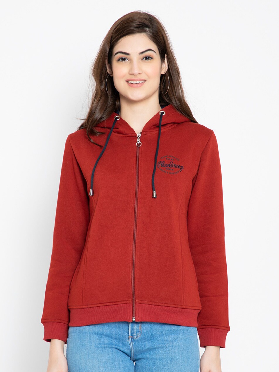 

FLOSBERRY Women Rust Red Fleece Hooded Sweatshirt