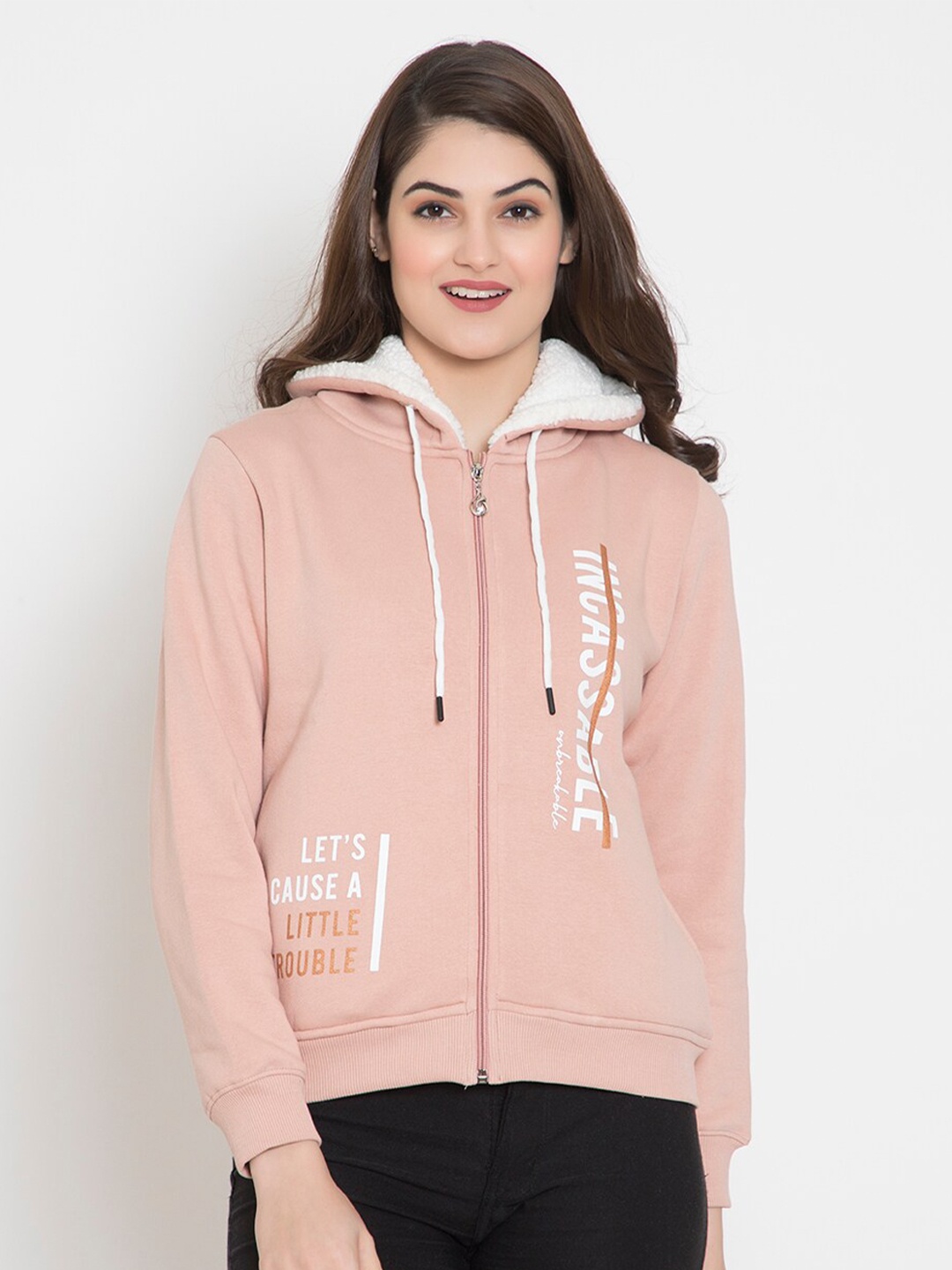 

FLOSBERRY Women Peach-Coloured Printed Fleece Hooded Sweatshirt