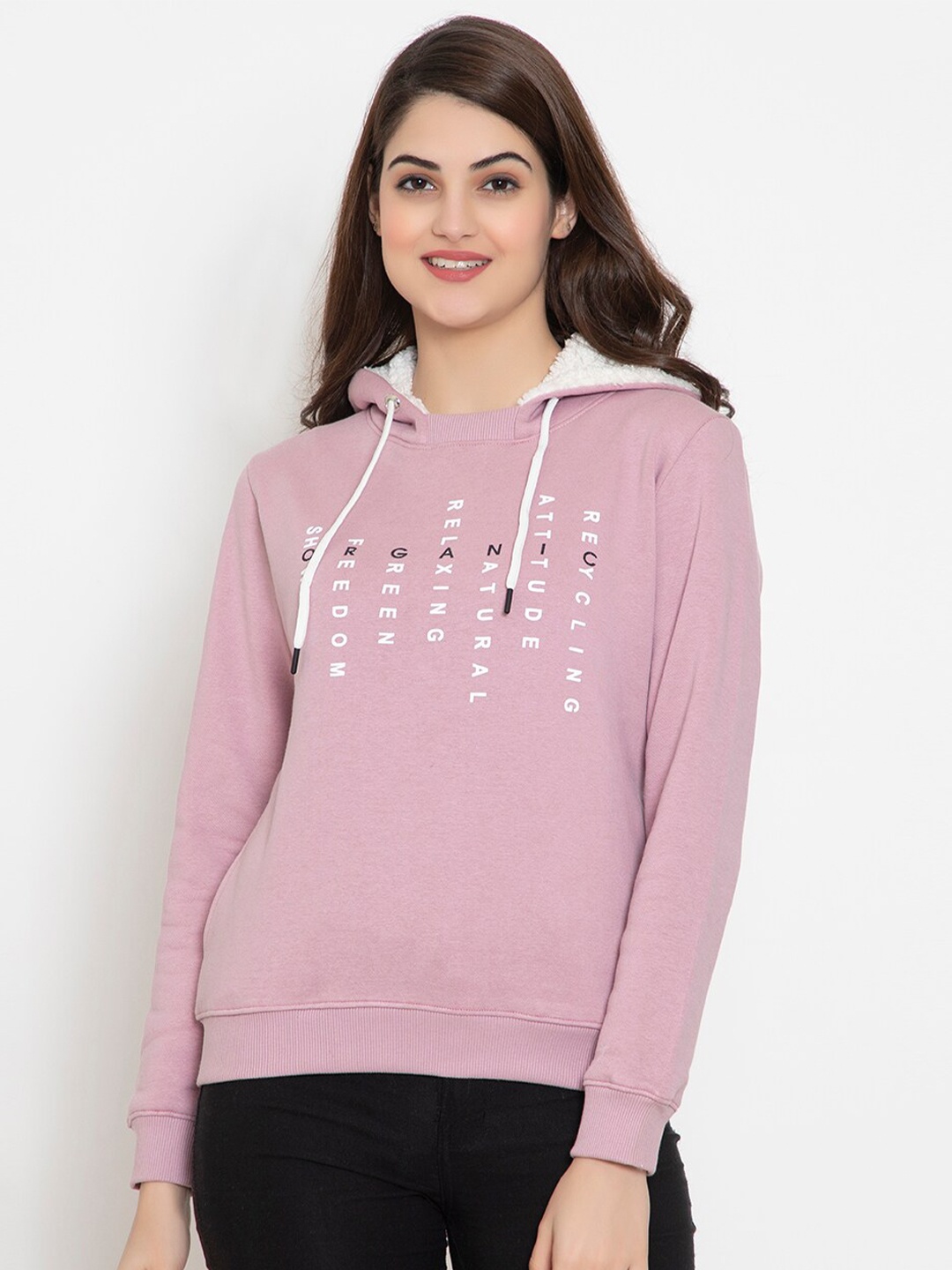 

FLOSBERRY Women Lavender Printed Fleece Hooded Sweatshirt