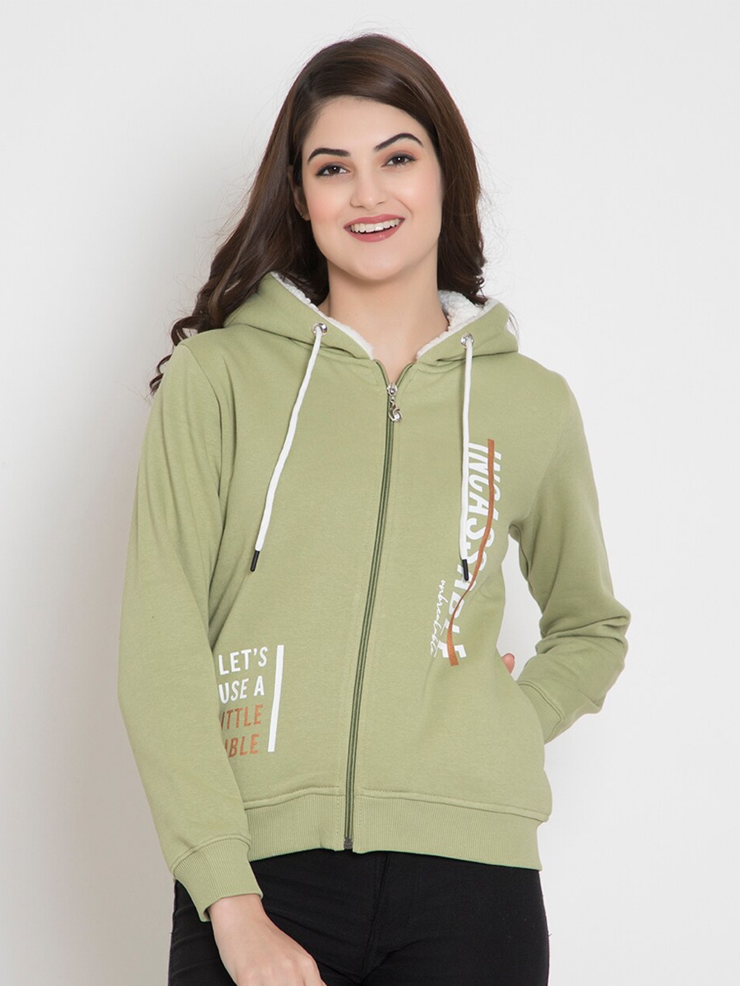 

FLOSBERRY Women Green Printed Fleece Hooded Sweatshirt