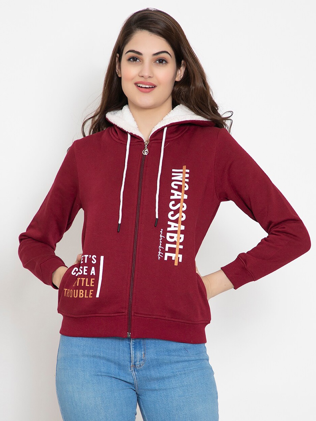 

FLOSBERRY Women Maroon Printed Fleece Hooded Sweatshirt