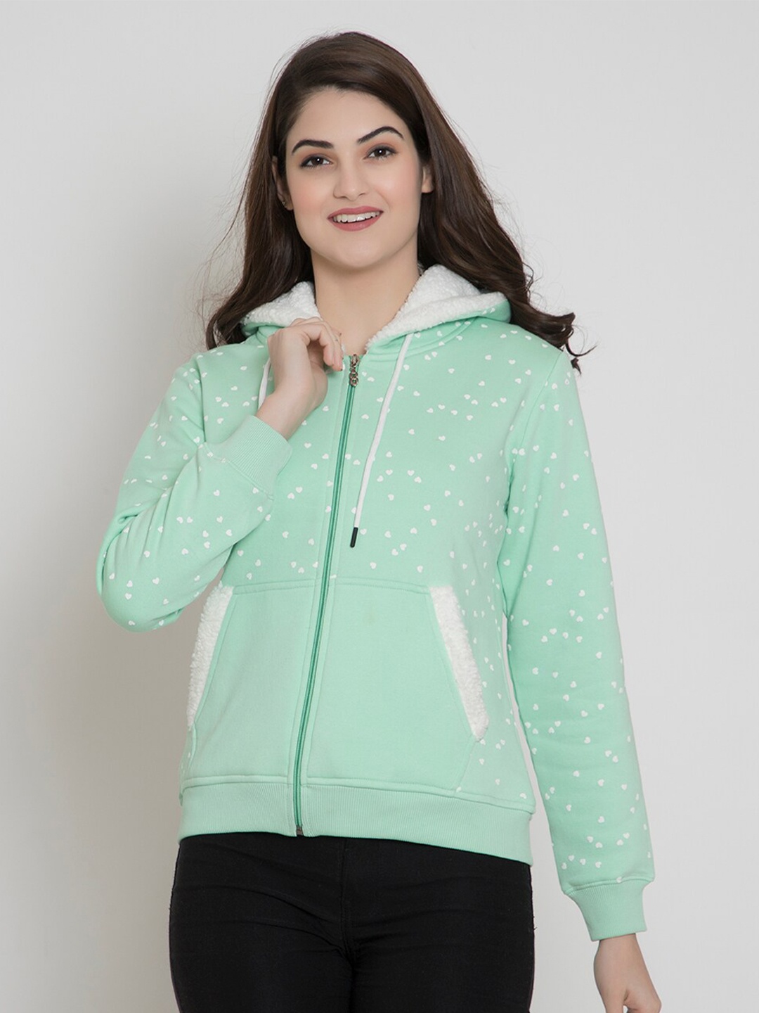 

FLOSBERRY Women Sea Green Printed Fleece Hooded Sweatshirt