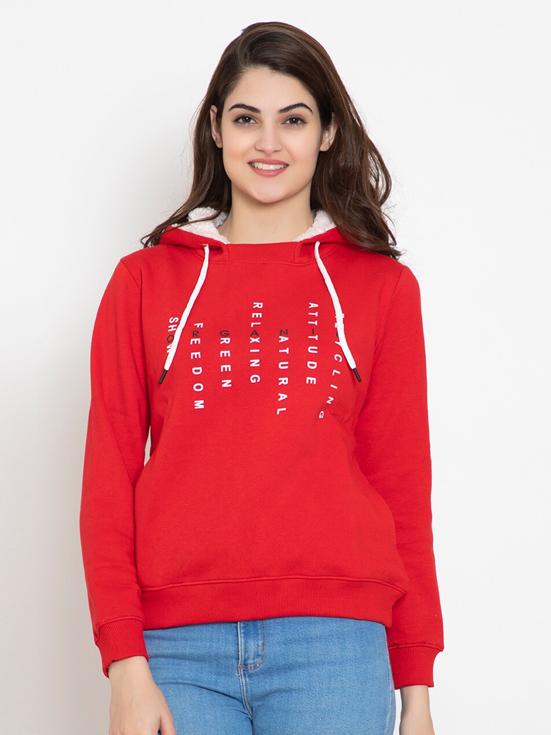 

FLOSBERRY Women Red Printed Fleece Hooded Sweatshirt