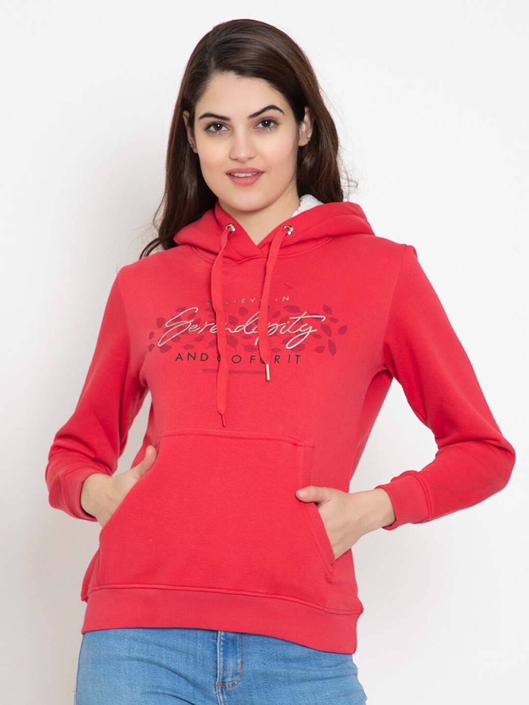 

FLOSBERRY Women Red Printed Fleece Hooded Sweatshirt