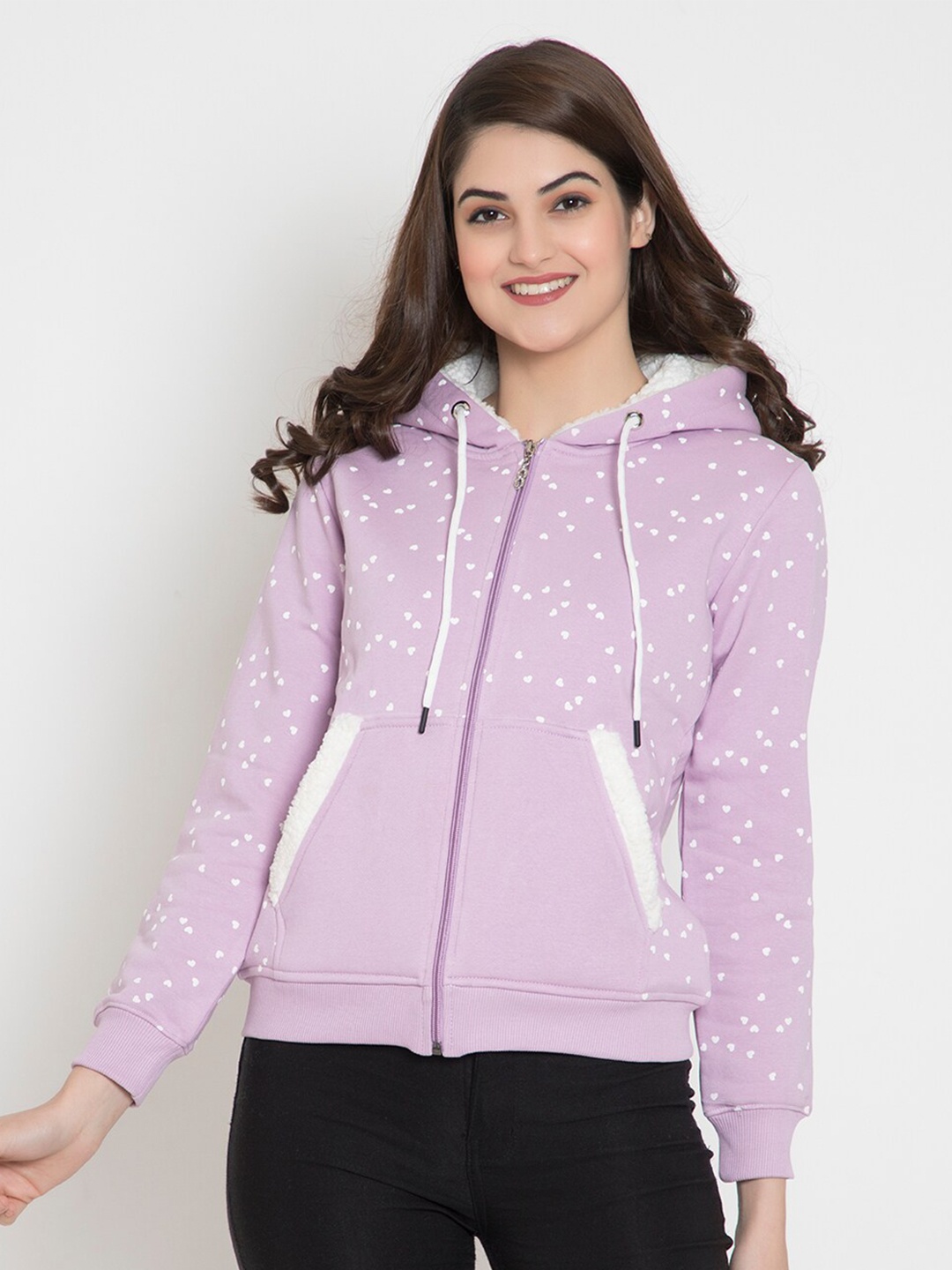 

FLOSBERRY Women Lavender Printed Fleece Hooded Sweatshirt