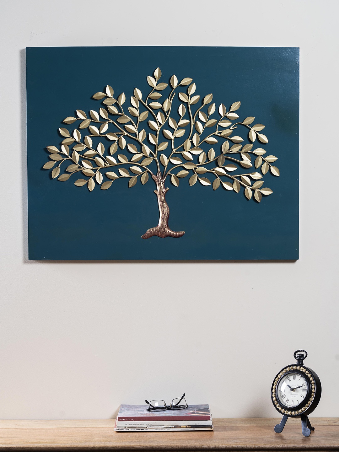 

vedas W-Palmera Gold-Toned & Teal Blue Tree On Panel Wall Decor