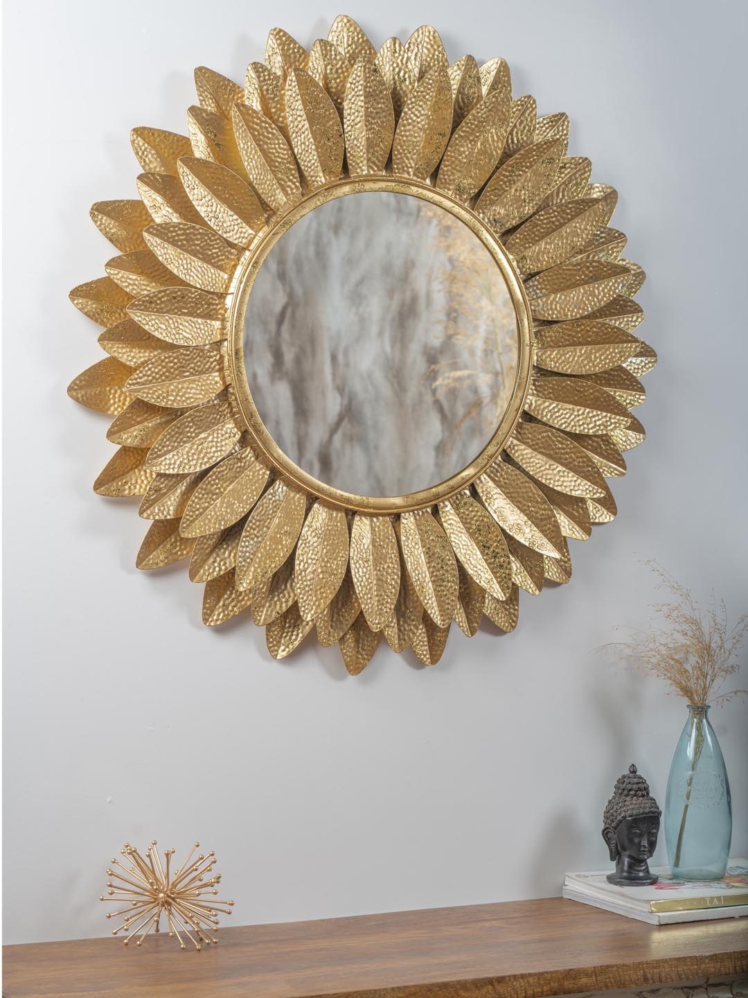 

vedas Gold-Toned Textured M-LEONA Round Wall Mirror