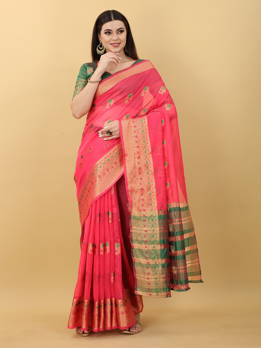 

JSItaliya Pink & Green Woven Design Zari Silk Blend Banarasi Saree