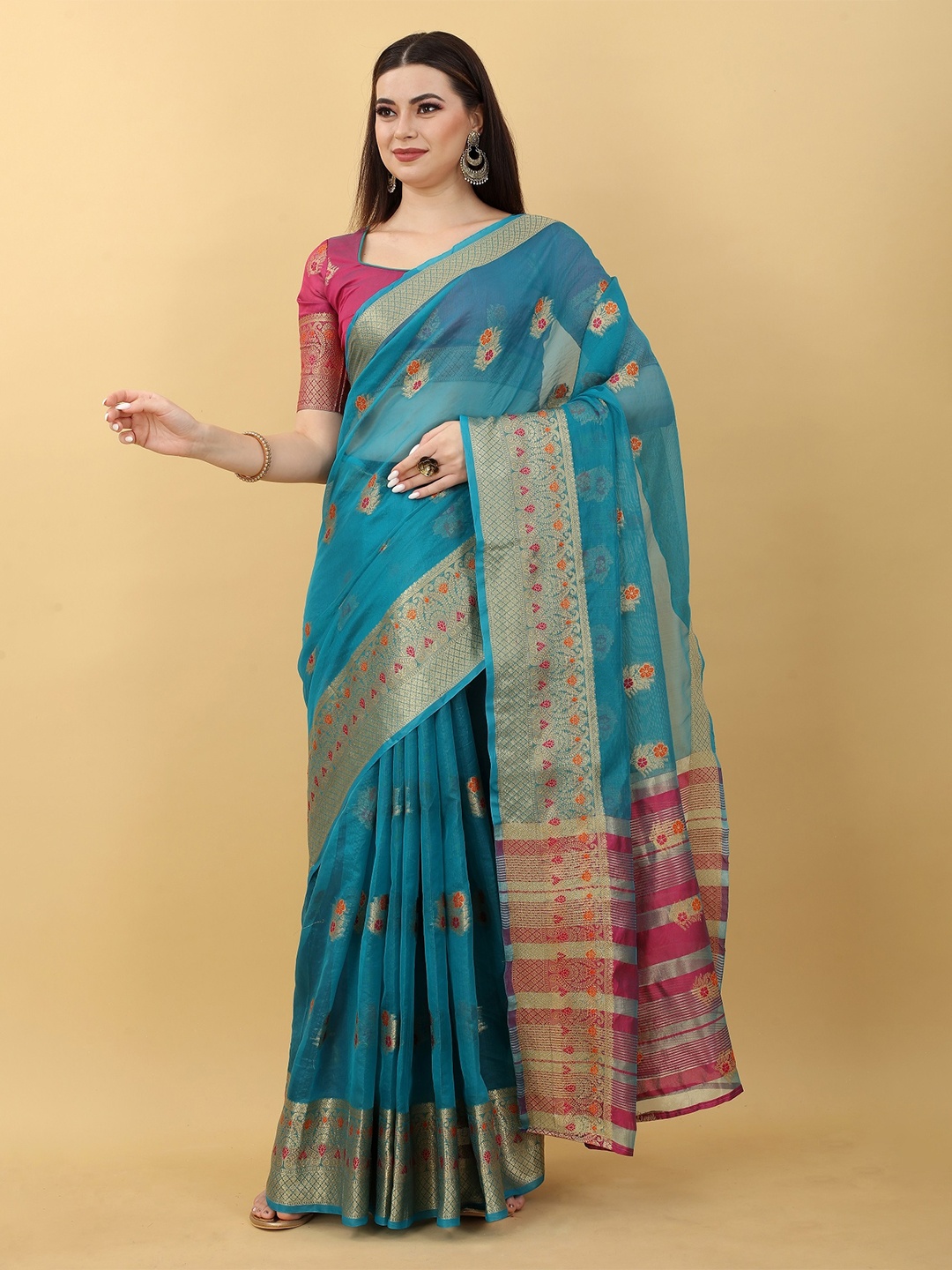 

JSItaliya Blue & Gold-Toned Woven Design Zari Silk Blend Banarasi Saree
