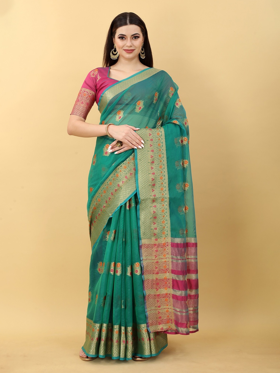 

JSItaliya Green & Pink Ethnic Motifs Zari Silk Blend Banarasi Saree