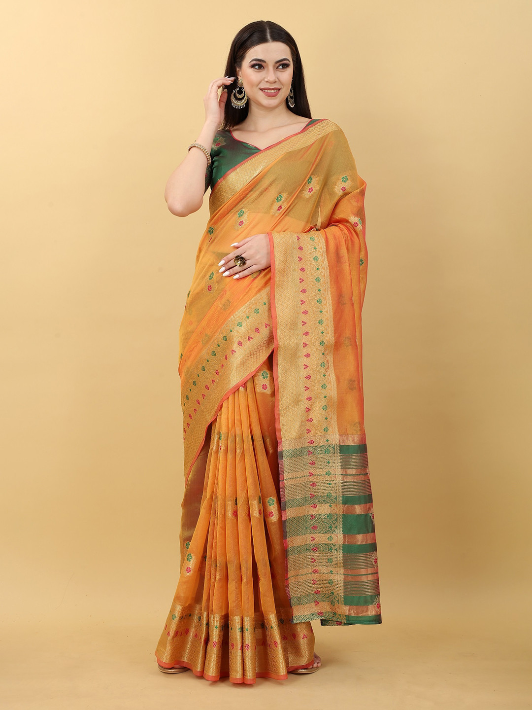 

JSItaliya Mustard & Green Woven Design Zari Silk Blend Banarasi Saree