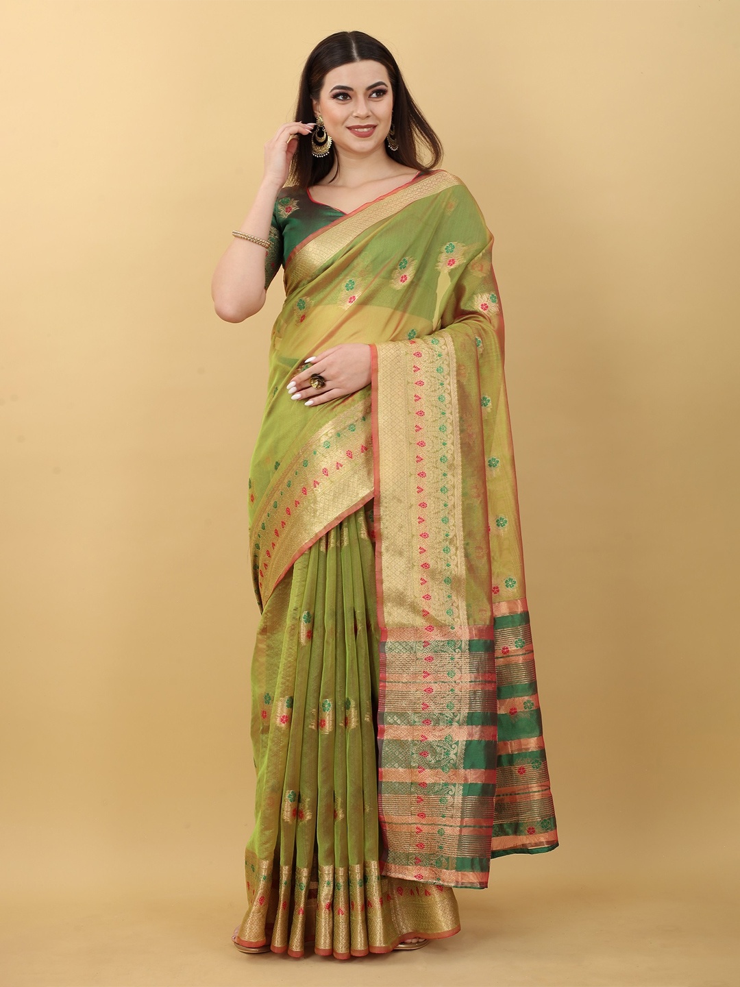 

JSItaliya Green & Red Woven Design Zari Silk Blend Banarasi Saree
