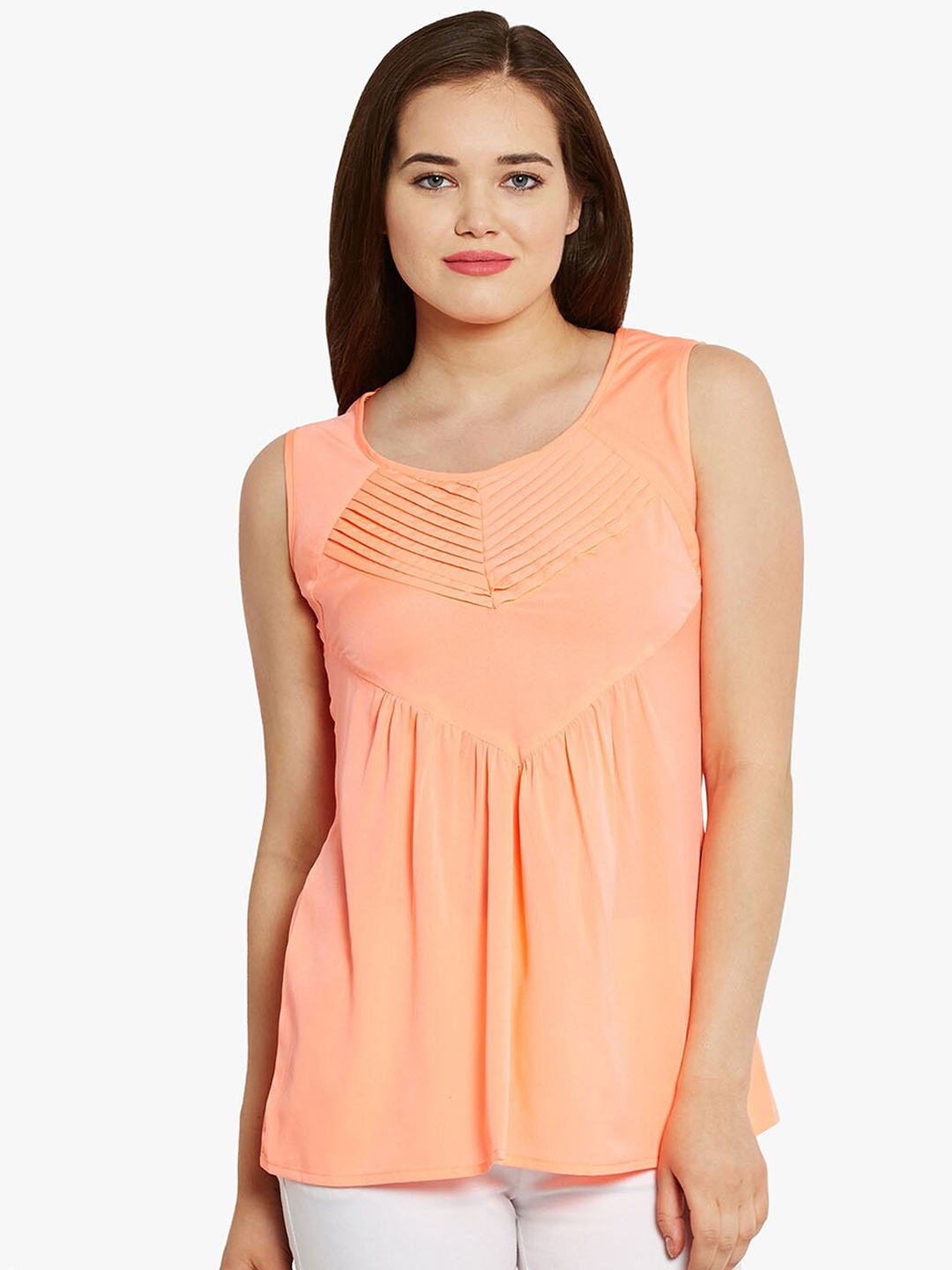 

BandBox Peach-Coloured Pleated Sleeveless Top