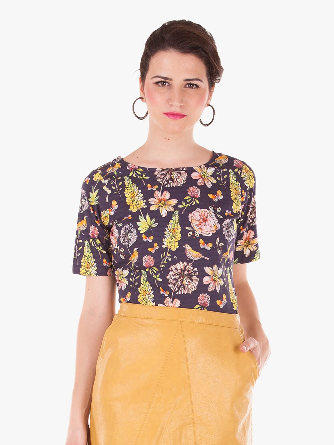 

BandBox Blue & Peach-Coloured Floral Print Pure Cotton Top