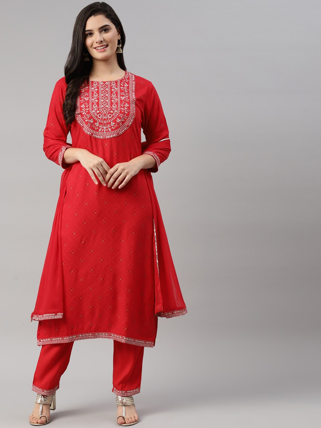 

MAAND Women Red Floral Yoke Design Kurta with Trousers & With Dupatta