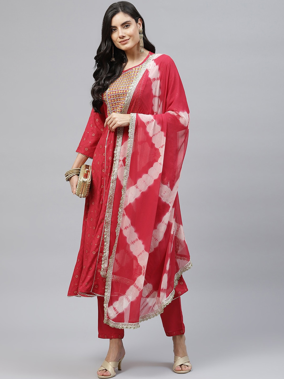 

MAAND Women Red Embroidered Panelled Kurta with Trousers & With Dupatta